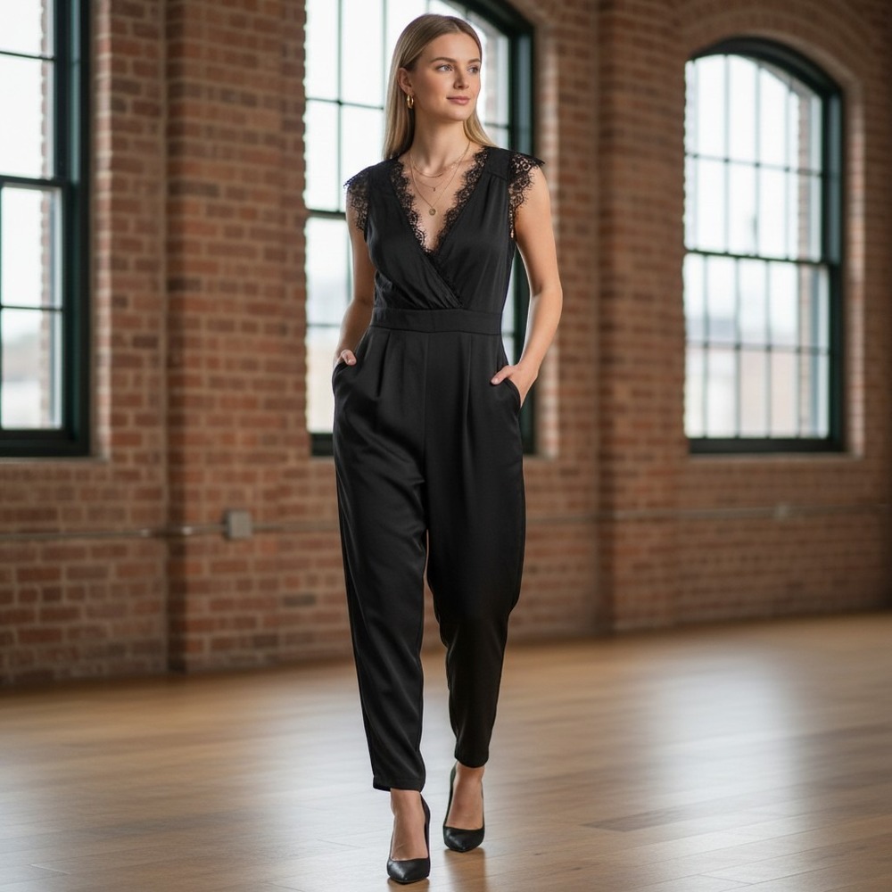 Altar'd State Black Lace Trim Sleeveless V-Neck Jumpsuit Size M Tie Back Pocket
